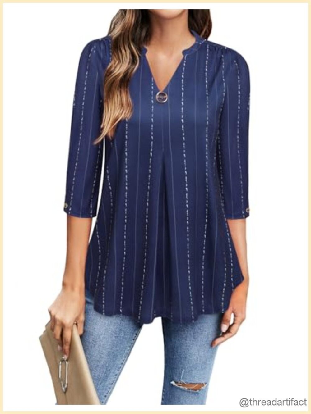 3/4 Sleeve V Neck Tunic Top Dressy Casual Blouse Lightweight